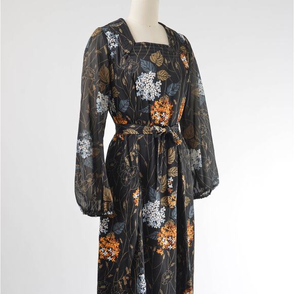 Vintage 70s Black Floral Leaf Print Sheer Sleeve Midi Dress with Tie Belt M - Picture 3 of 7